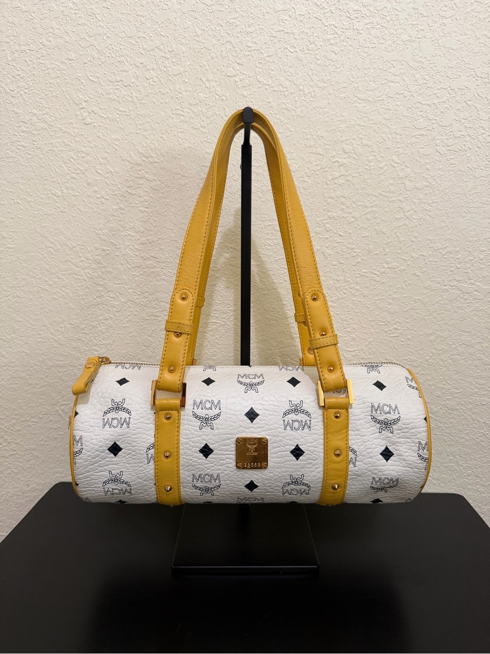 MCM White Visetos Cylinder Shoulder Bag with Yellow Straps